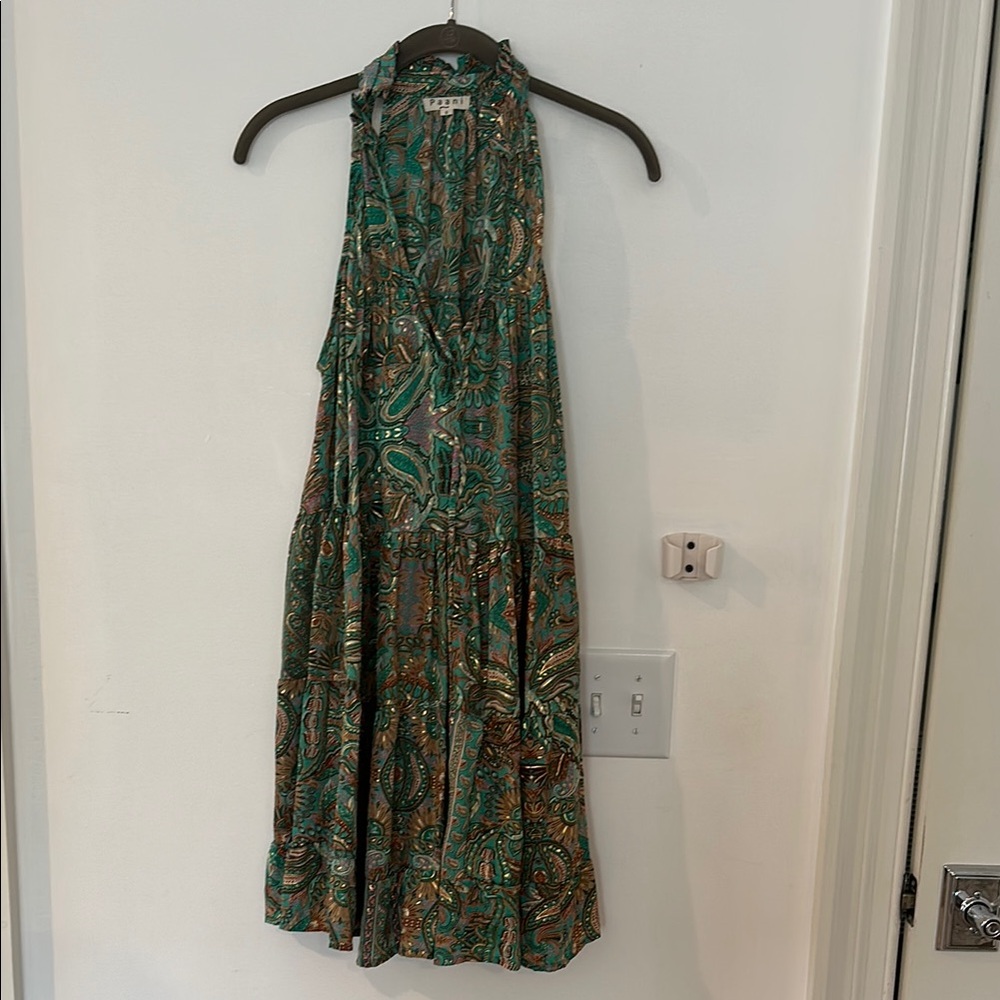 Green and Brown Halter Midi Sundress for Wedding Guest